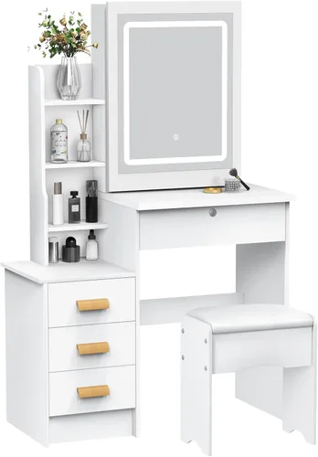 Vista 9 de Escritorio de tocador con espejo iluminado LED, mesa de tocador de maquillaje con 4 cajones para dormitorio, baño, tocador con luces, tocador