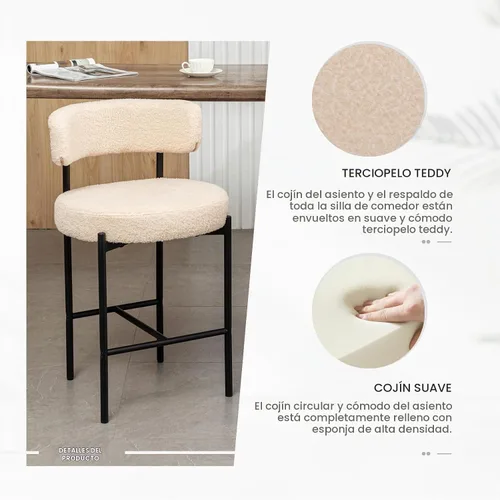 Vista 3 de Cinxzar Taburetes de Bar Boucle Juego de 2, Taburetes de Bar de Altura de Mostrador Beige con Respaldos, Taburetes Modernos para Isla de Cocina