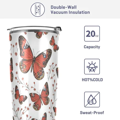 Vista 4 de Taza de café de acero inoxidable con diseño de mariposa roja, tapa a prueba de fugas y pajita para agua, té helado o café, vaso aislado al vacío