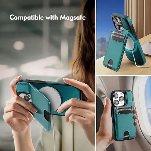Vista 4 de SkyEagle Funda compatible con Magsafe para iPhone 13 Pro Max con soporte para tarjetas, función atril, bloqueo RFID, ranuras para tarjetas de Verde