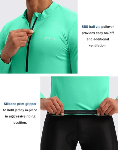 Vista 4 de Bikewa Maillot de ciclismo para hombre con 3+1 bolsillos traseros con cremallera, manga larga, absorción de humedad, UPF 50+ media cremallera