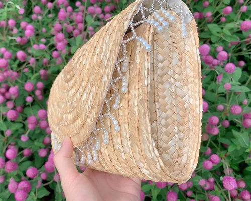 Vista 2 de Bolsos de mano de paja para mujer bolsos de noche de verano bolso de novia bolso de boda vacaciones playa bolso de mano tejido hecho a mano