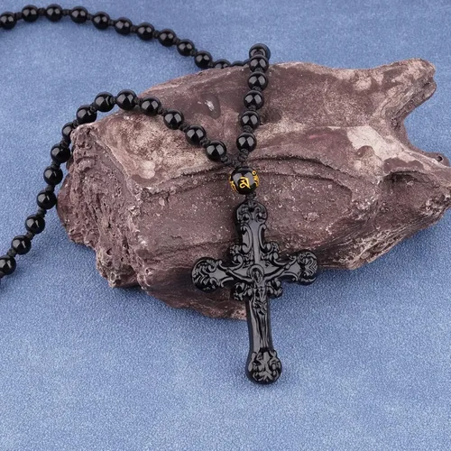 Vista 2 de VIKCAUX Collar de obsidiana negra con dije de protección de amuleto de talismán con cadena de cuentas ajustable, collares de piedra de cristal