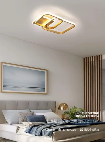 Vista 9 de Lámpara de techo LED moderna, lámpara de techo de montaje empotrado de 50 W, lámpara de techo cuadrada geométrica dorada para sala de estar