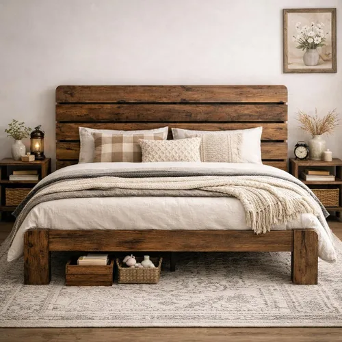 Vista 14 de Marco de cama de madera tamaño King con cabecera, base de cama de plataforma estilo granja rústica con soporte de listones de madera, resistente