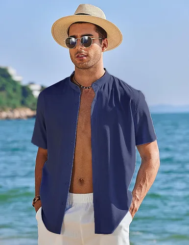 Vista 2 de COOFANDY Men's Short Sleeve Linen Shirt Band Collar Button Down Shirts Summer Beach Shirt