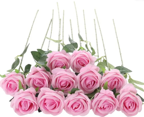 Vista 22 de 12 rosas artificiales de terciopelo sintético para decoración del hogar y boda (rosa perla, negro)