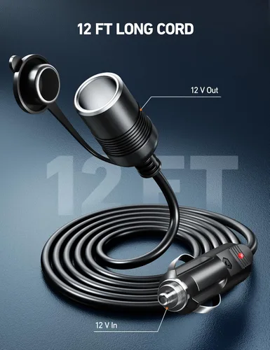 Vista 4 de AstroAI - Cable para encendedor de cigarrillos de 12 pies/12 V, enchufe macho a hembra de 120 W/15 A Cable de extensión resistente, compatible