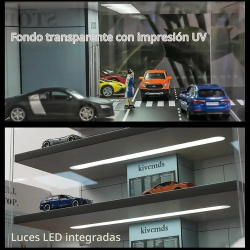 Vista 5 de Vitrina para Hot Wheels 1:64 Toy Car Garage con luces LED Diorama de garaje de 4 niveles para estacionamiento independiente, almacenamiento de polvo