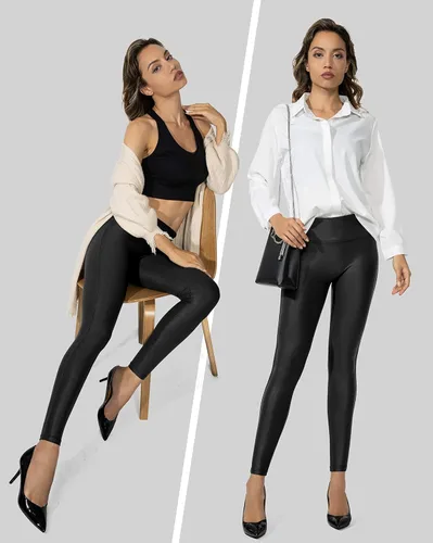 Vista 5 de SANTINY Leggings de piel sintética para mujer, mallas elásticas de cintura alta para mujer