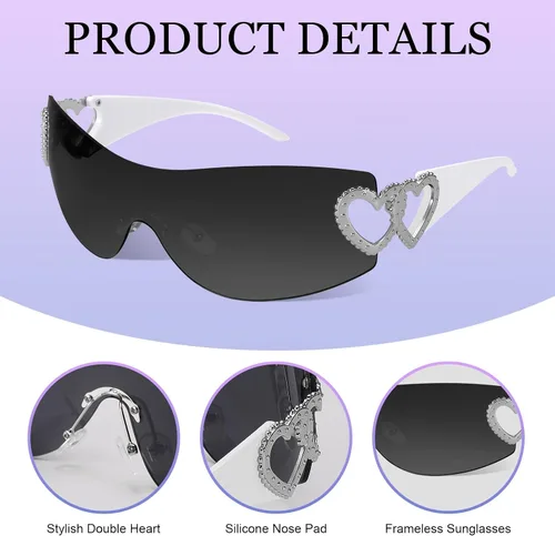 Vista 2 de 3 lentes de sol Y2K sin montura para mujeres y hombres, lentes Y2K de moda, con escudo envolvente, de gran tamaño, a la moda, sin marco, UV400