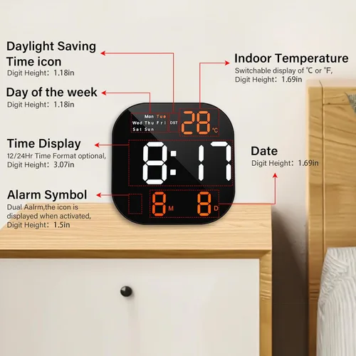 Vista 5 de Reloj de pared digital con pantalla LED grande, brillo automático, temperatura, fecha y día de la semana, control remoto, moderno reloj de pared