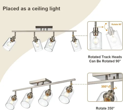 Vista 6 de Lámpara de tocador de 4 luces para baño en acabado de níquel cepillado, lámpara clásica con cabezal de luz giratoria, lámpara de techo de metal