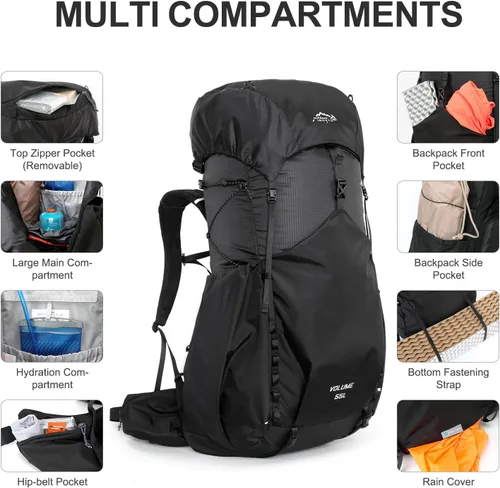 Vista 4 de IX INOXTO 55L Mochila con armazón interno resistente al agua para senderismo y camping con vejiga de agua de 3L y cubierta contra la lluvia, mochila