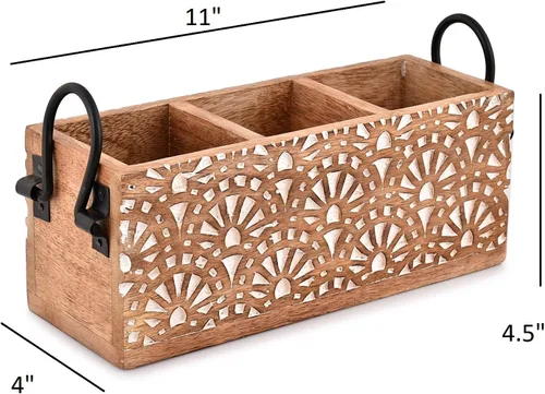 Vista 5 de NIRMAN Estante multiusos de madera de mango con 3 compartimentos para cubiertos, servilletas, tazas (11 x 4 x 4.5 pulgadas)