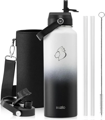 Vista 94 de BUZIO Botella de agua aislada de 24 oz, frasco de agua de boca ancha de acero inoxidable con tapa de pajita, frío durante 48 horas a prueba de Negro