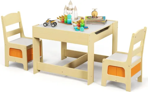 Vista 20 de Costzon - Juego de mesa y sillas para niños, escritorio de actividades multifuncional de madera para niños pequeños con mesa reversible, cajones