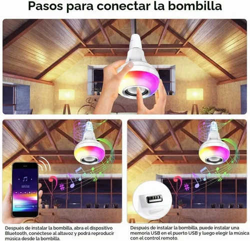 Vista 4 de eecoo Bombilla LED inteligente, altavoz de bombilla Bluetooth con regulable, RGB multicolor, audio y música, funciones estéreo, control remoto