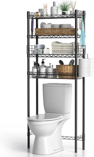Vista 8 de Hodonas Estante de almacenamiento sobre el inodoro, organizador de baño ajustable con soporte para papel higiénico y 8 ganchos, 3 niveles de metal