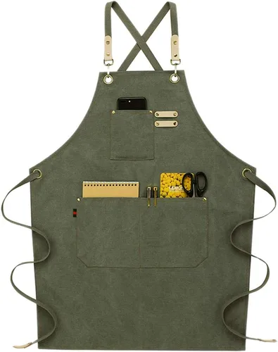 Vista 8 de NEWGEM Delantal de mezclilla de algodón con bolsillos para mujer, cocina, cocina, jardinería, pintura #1 Denim Algodón Azul Claro Con Lazos En La