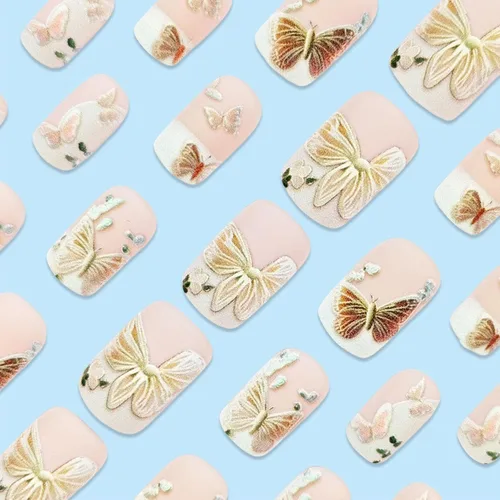 Vista 2 de Uñas postizas a presión de mariposa - Uñas falsas cortas cuadradas con diseños en relieve 3D, punta francesa blanca, acabado mate, acrílico rosa