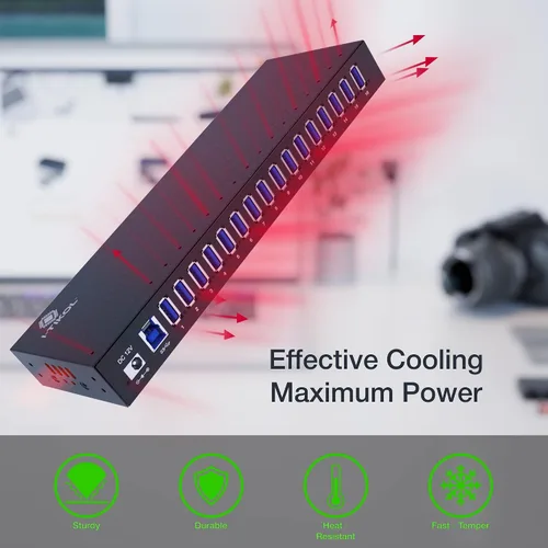 Vista 5 de Hub USB 3 0 – Hub USB alimentado por 16 puertos – Hub expansor USB de escritorio – Divisor USB de alta velocidad de hasta 5 Gbps para múltiples