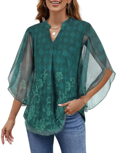 Vista 2 de Cucuchy - Blusas de manga 34 con volantes y cuello en V para mujer, blusas de malla elástica, túnica de doble capa