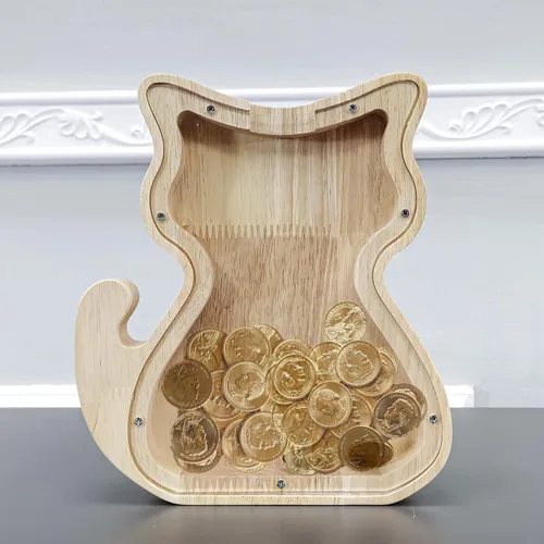 Vista 3 de FixtureDisplays® Alcancía de madera para gatos, alcancía de ahorro para niños, bonita moneda de recuerdo para niños y niñas, es un regalo único