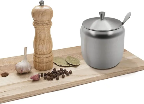 Vista 4 de Tarro de Azúcar de Acero Inoxidable de 300ml con Tapa y Cuchara 10 OZ Tarro de Condimentos para Café, Recipiente de Especias con Tapa y Cuchara
