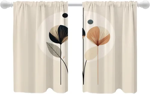 Vista 62 de Shrahala Floral Abstract Design Blackout Curtain Tiers, Minimalist Flower Illustration Kitchen Valance Light Blocking Tier Drapes with Rod Pocket, 2