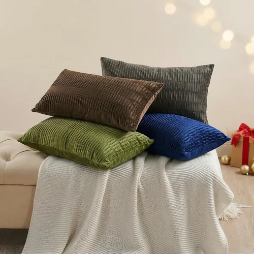 Vista 7 de Juego de 2 fundas de almohada decorativas de terciopelo a rayas plisadas de 14 x 26 pulgadas, funda de cojín rectangular suave y elegante para sofá