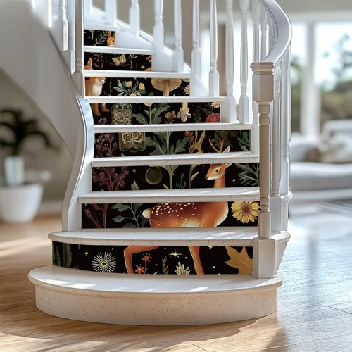 Vista 2 de PLIGREAT 15 tiras de calcomanías de animales del bosque negro para escaleras, adhesivas y autoadhesivas, para peldaños de escaleras, decorativas