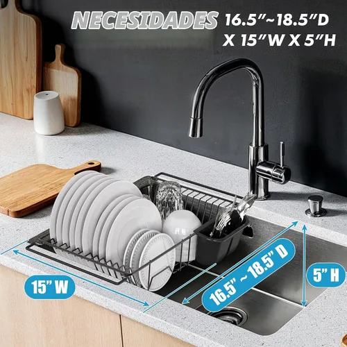 Vista 6 de Simple Houseware - Escurridor de platos grande de acero inoxidable sobre el fregadero, color negro