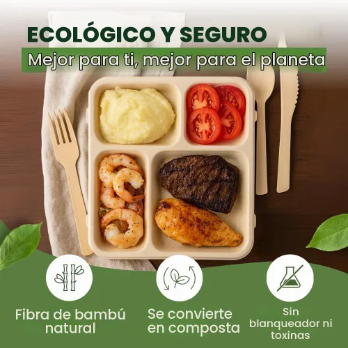 Vista 7 de Dtocs Platos de compartimento desechables (40 piezas) 4 porciones, bandejas seccionales resistentes de fibra de bambú para campamento, catering