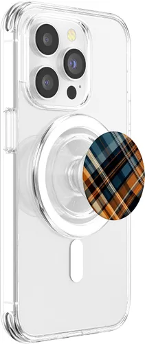 Vista 3 de Navy Black and Orange Plaid Halloween PopSockets MagSafe PopGrip de calabazas de otoño para iPhone