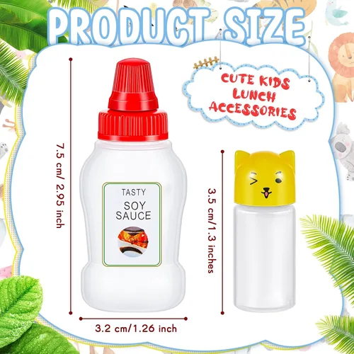 Vista 2 de Contenedor de 26 piezas de lonchera Bento para salsa de soja, 5 mini botellas de plástico para condimentos, lindos accesorios de almuerzo para niños