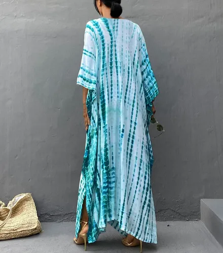 Vista 6 de RanRui - Vestido tipo caftán para mujer, de talla extragrande, con estampado de rayas, teñido anudado, cuello en V, holgado y suave
