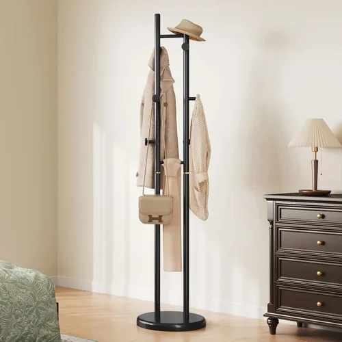 Vista 11 de Perchero negro independiente de madera maciza - Moderno árbol de madera independiente resistente con 7 ganchos creativo de aspecto de rama de árbol