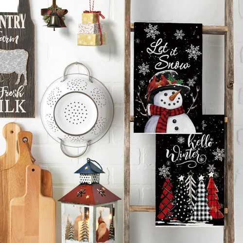 Vista 3 de Artoid Mode Toallas de cocina de nieve negra Deja que nieve Árboles de Navidad ¡Hola invierno! Toallas de cocina, toallas de mano de decoración