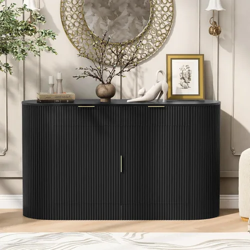 Vista 3 de Knocbel Modern Strip Sideboard with Oval Top, 2 Doors & 2 Drawers and Aluminum Handles, Storage Cabinet with Curved Side Door and 3-Tier Shelves