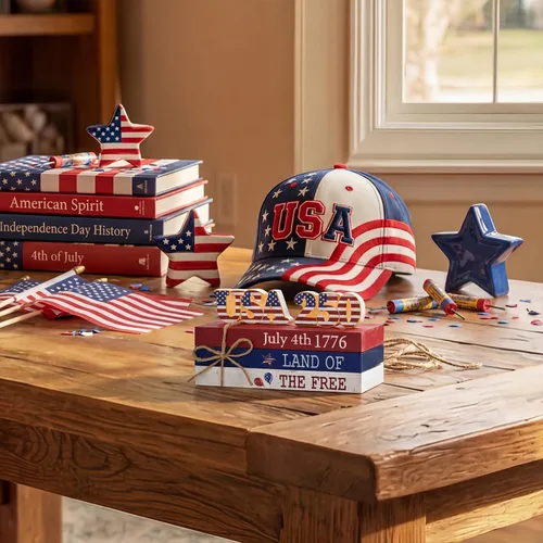 Vista 7 de Smile 4 de julio 250th Anniversary - Bloque de madera con decoración de Estados Unidos, 5 piezas "Land of the Free", bandeja patriótica escalonada