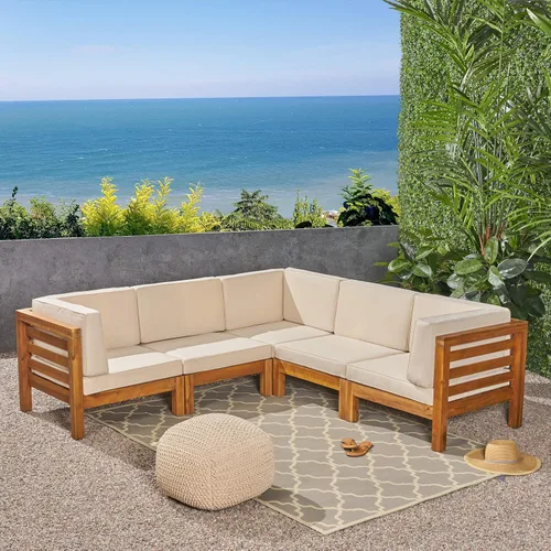 Vista 4 de GDFStudio Juego de sofá seccional en forma de V para exteriores, 5 plazas, madera de acacia, cojines para exteriores, teca y beige