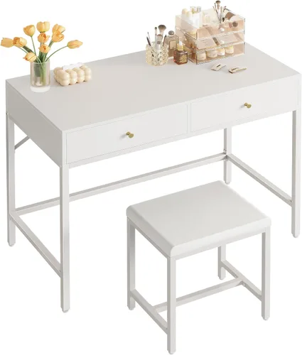 Vista 9 de SUPERJARE Escritorio blanco y dorado de 35.4 pulgadas con 2 cajones, tocador de maquillaje moderno con taburete acolchado, escritorio pequeño