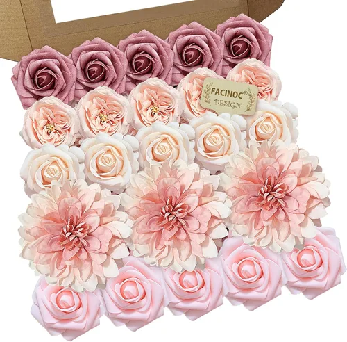 Vista 12 de FACINOC Juego de ramos de flores artificiales de rosas artificiales para bricolaje, decoración de despedida de soltera, arreglos florales falsos