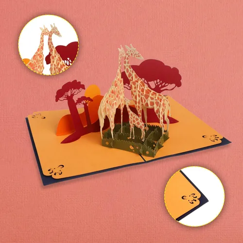 Vista 5 de CUTE POPUP Tarjeta familiar de jirafa 3D desplegable para cumpleaños, aniversarios y día de la madre, cartulina cortada con láser, diseño de safari