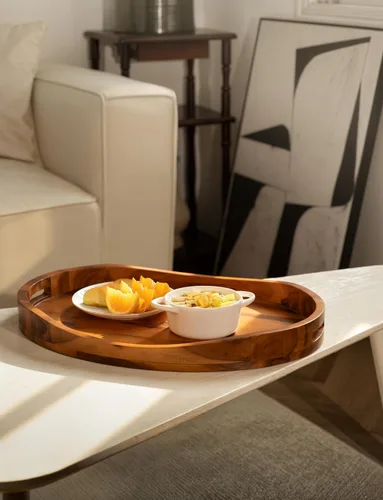 Vista 6 de TIDITA Bandeja otomana de madera de acacia con asas, redonda de 20 x 15 pulgadas, bandejas ovaladas grandes para sala de estar, bandejas de madera
