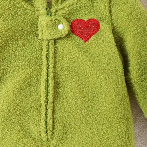 Vista 6 de Mameluco de Navidad verde para bebé, mono de forro polar cálido, traje de mi primera Navidad para niña