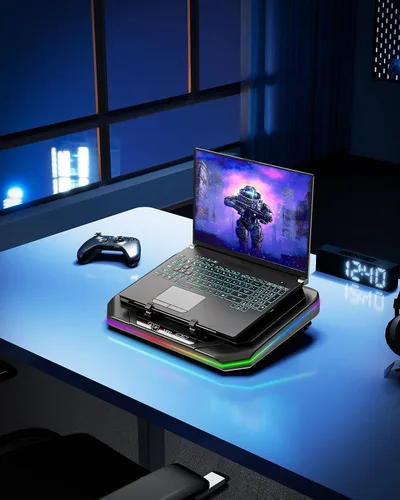 Vista 9 de MOUNT PRO Almohadilla de refrigeración para laptop para juegos, soporte enfriador RGB para laptop con potente turbofán (3500 RPM), almohadilla