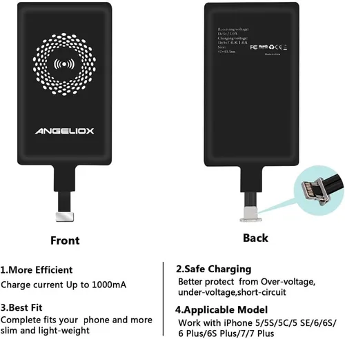 Vista 2 de ANGELIOX Receptor de carga inalámbrico compatible con iPhone 7/7 Plus / 6/6 Plus / 6s / 5Se / 5s / 5c / 5 (receptor de carga inalámbrico incluido)