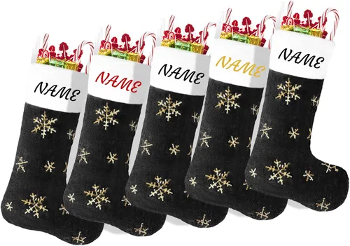 Vista 8 de Calcetines negros de piel sintética de Navidad, 1 paquete grande de 22 pulgadas, medias colgantes de felpa negra con nombre personalizado con copos